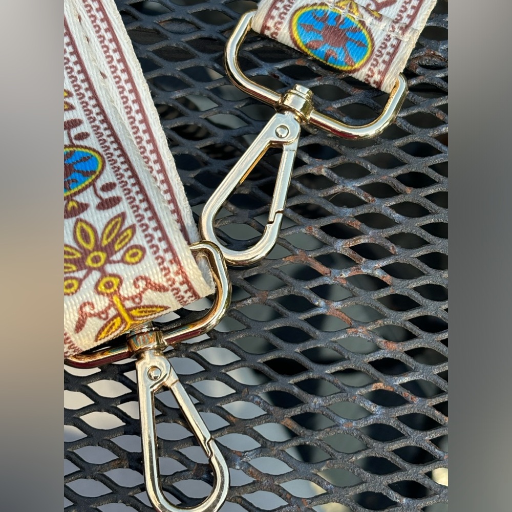 Crossbody Bag Strap In Cream with Blue And Gold. Gold hardware, 2 inches Wide. - Picture 7 of 8